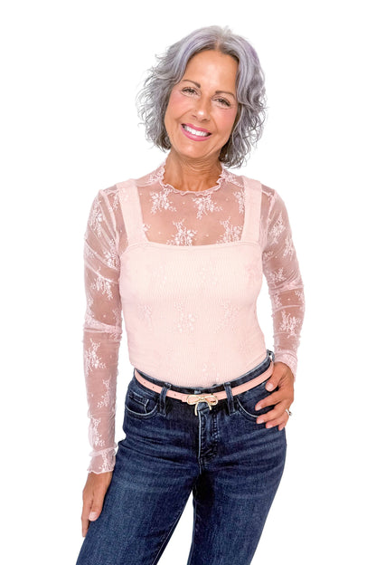 Women's Scalloped Sheer Lace Long Sleeve Top