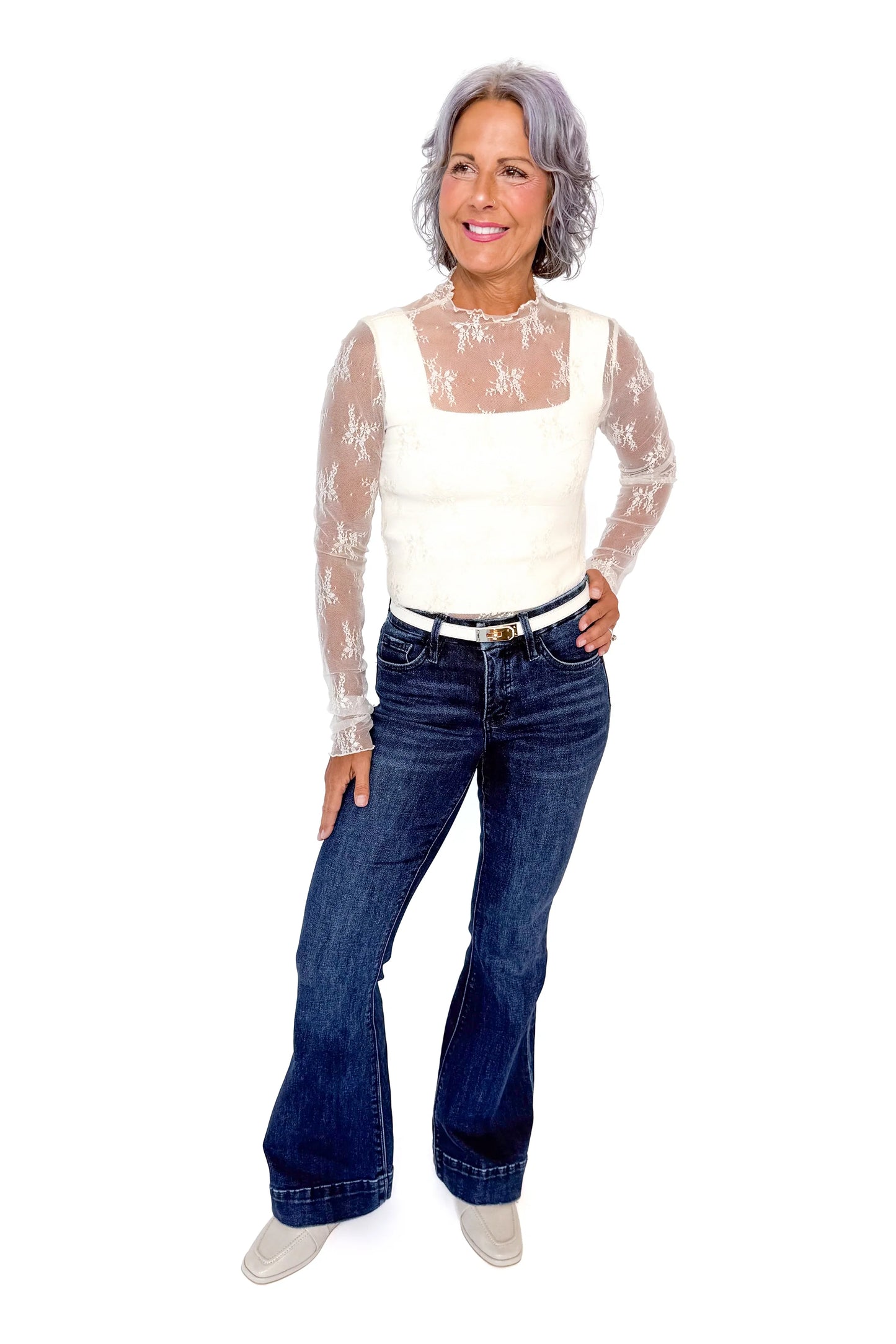 Women's Scalloped Sheer Lace Long Sleeve Top