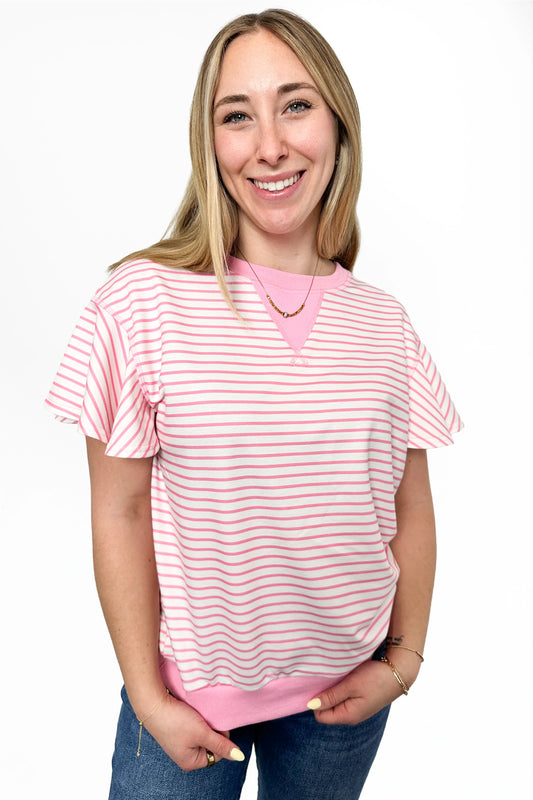 ALB Custom Women's Striped Short Flutter Sleeve Top