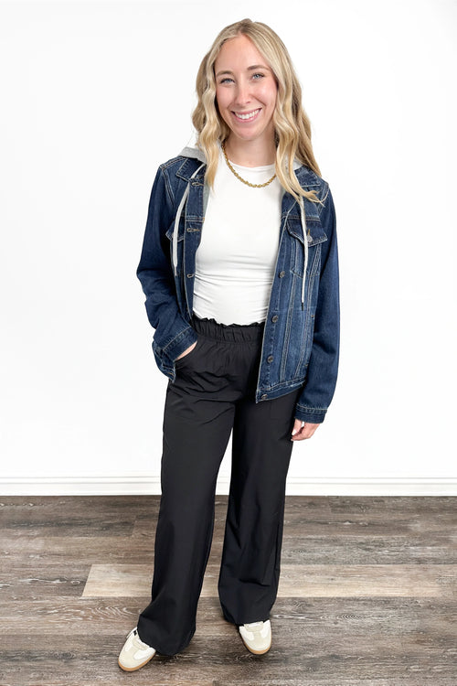 The Blaise Dark Wash Removable Hood Distressed Denim Jacket