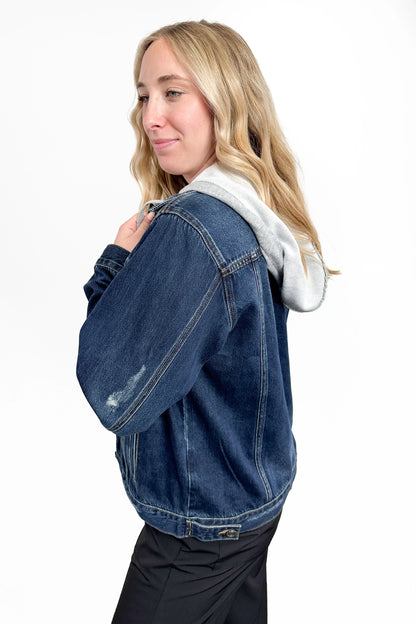 The Blaise Dark Wash Removable Hood Distressed Denim Jacket