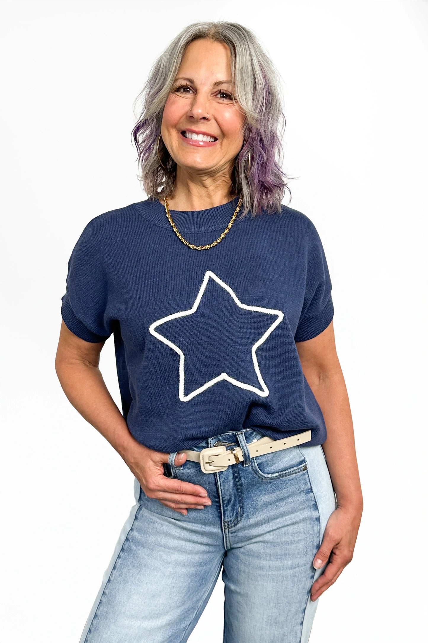 Women's Outlined Star Knit Short Sleeve Sweater by Ava Lane