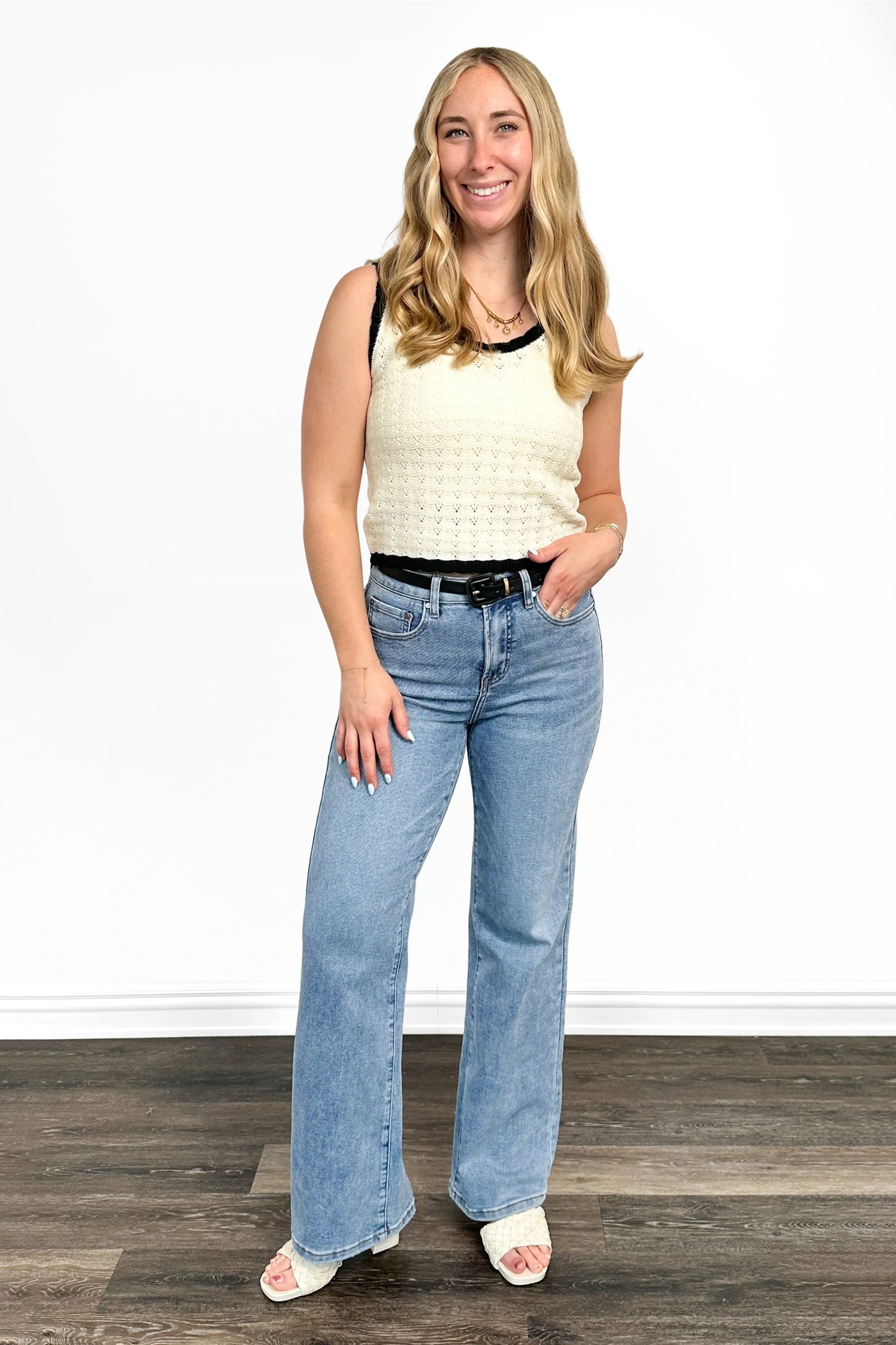 Women's Pointelle Knit Contrast Trim Tank Top by Ava Lane