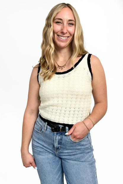 Women's Pointelle Knit Contrast Trim Tank Top by Ava Lane