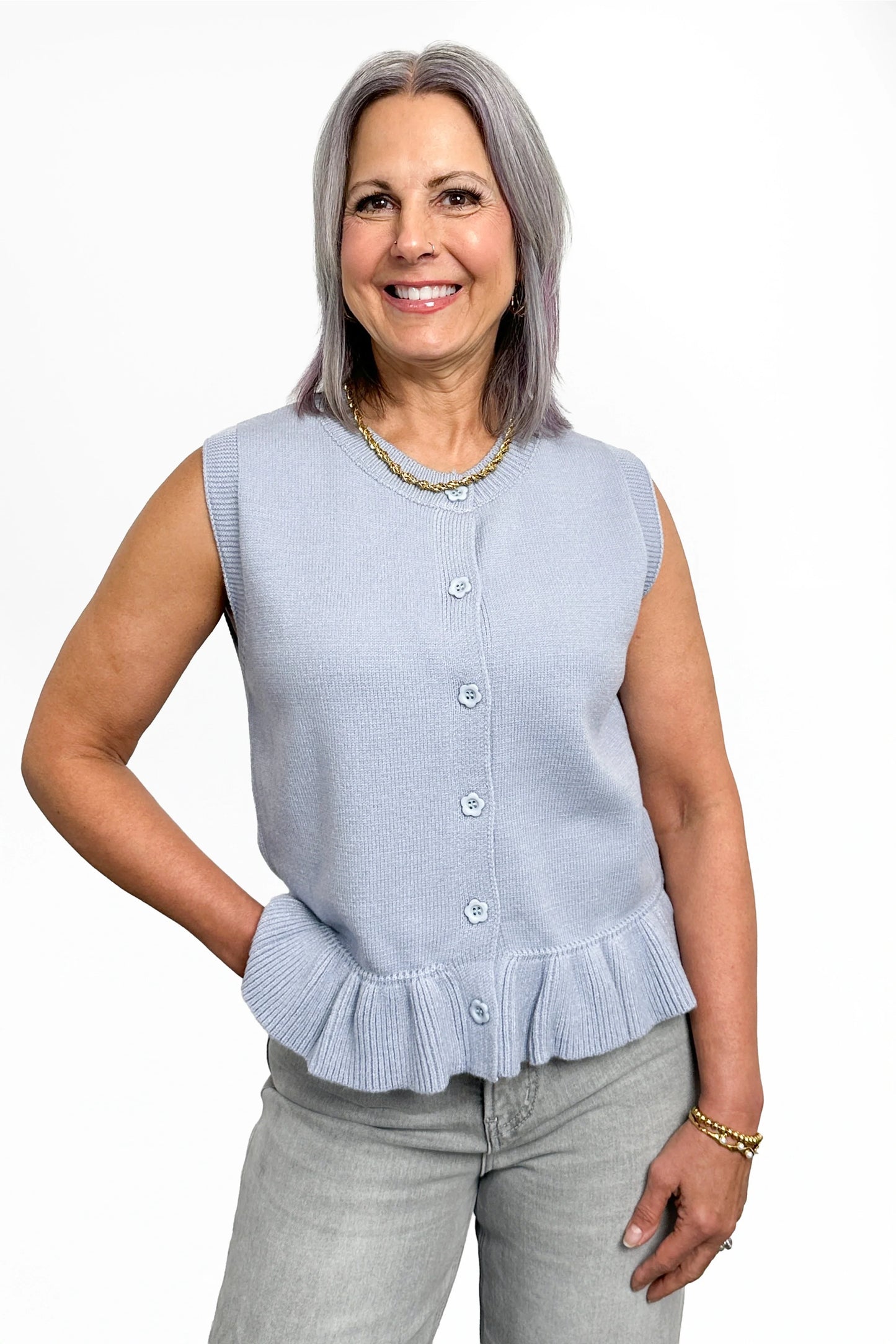 Women's Sleeveless Button Front Ruffle Hem Knit Top by Ava Lane