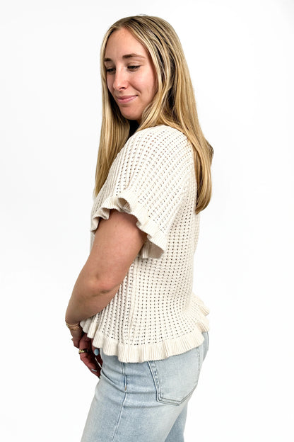 Women's Open Knit Ruffled Hem Short Sleeve Sweater by Ava Lane