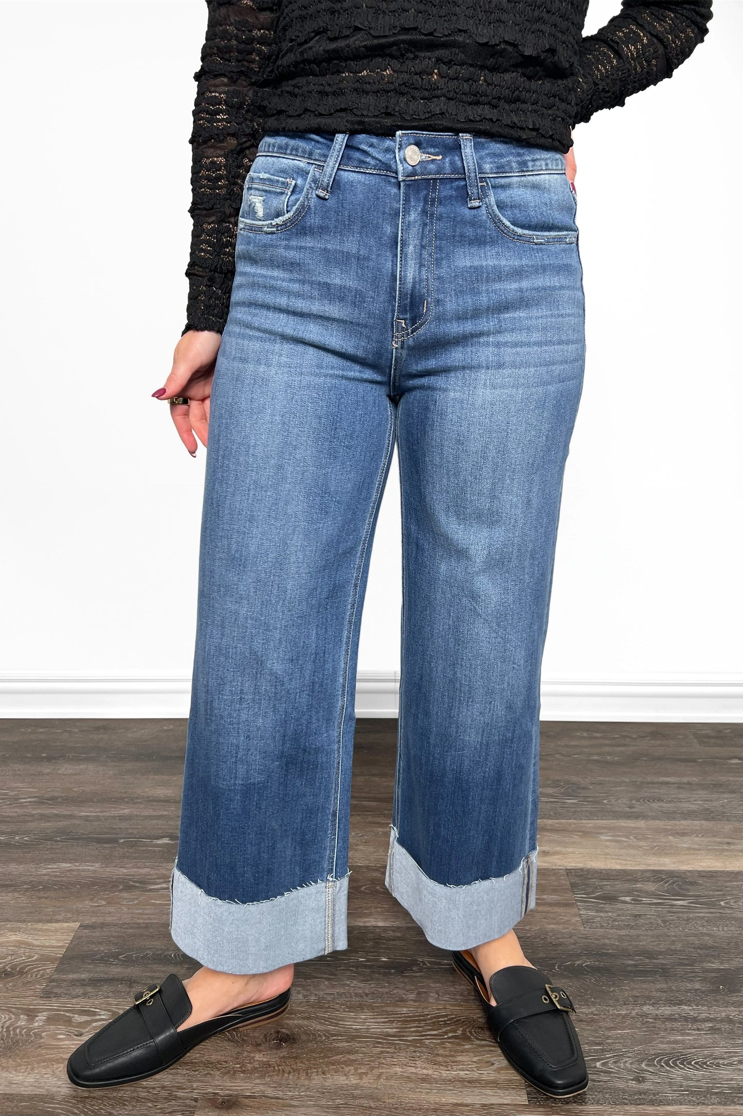 The Leanne High-Rise A Line Wide Leg Cuffed Denim