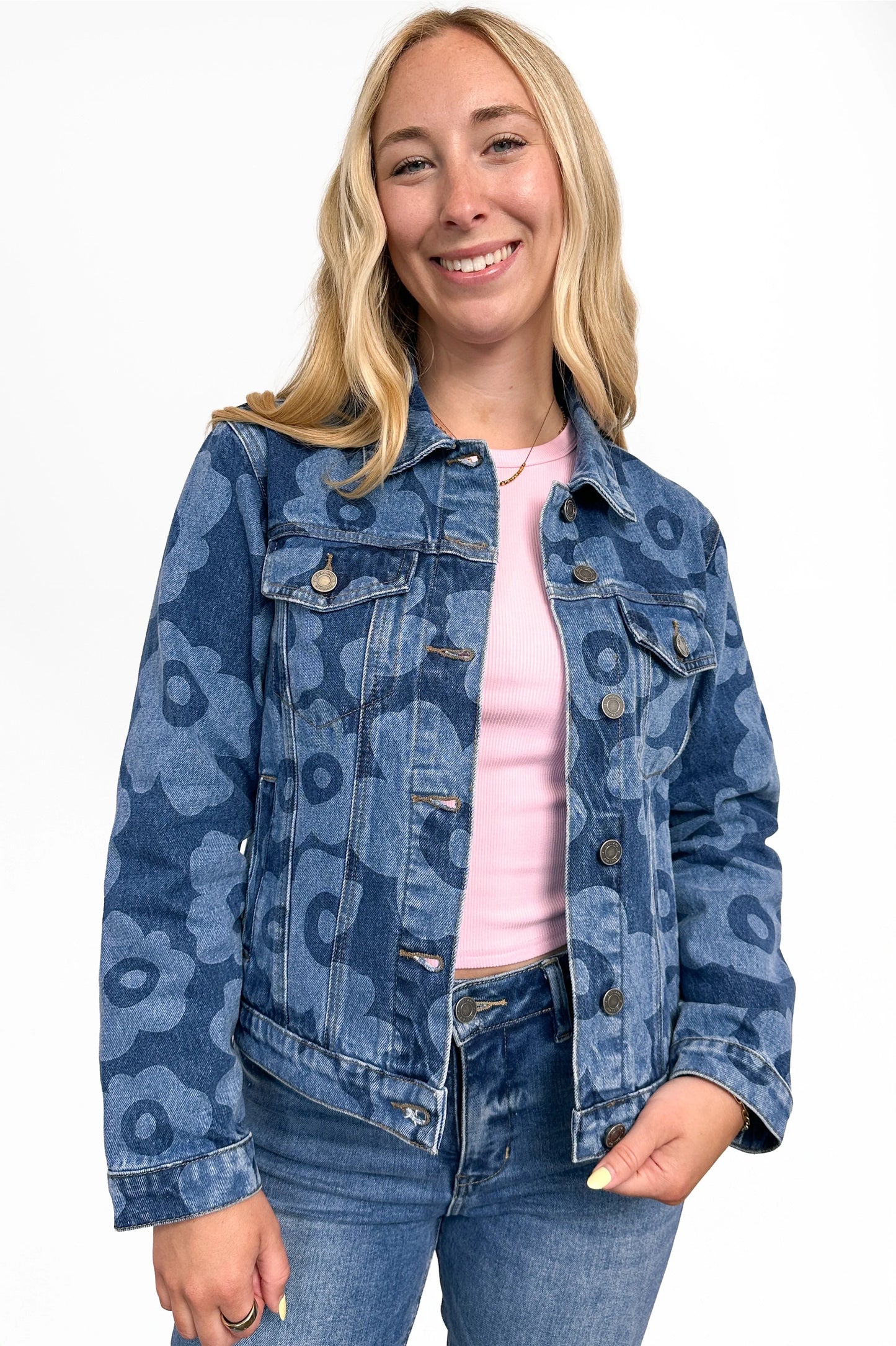 The Palmer Floral Medium Wash Denim Jacket