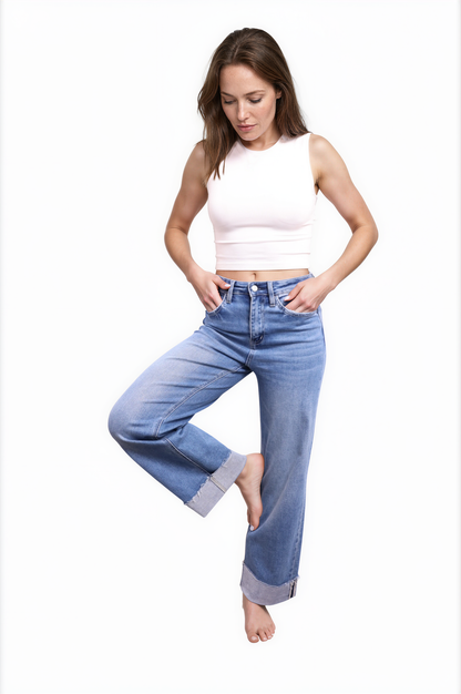The Kiara Super High-Rise Wide Leg Cuff Denim