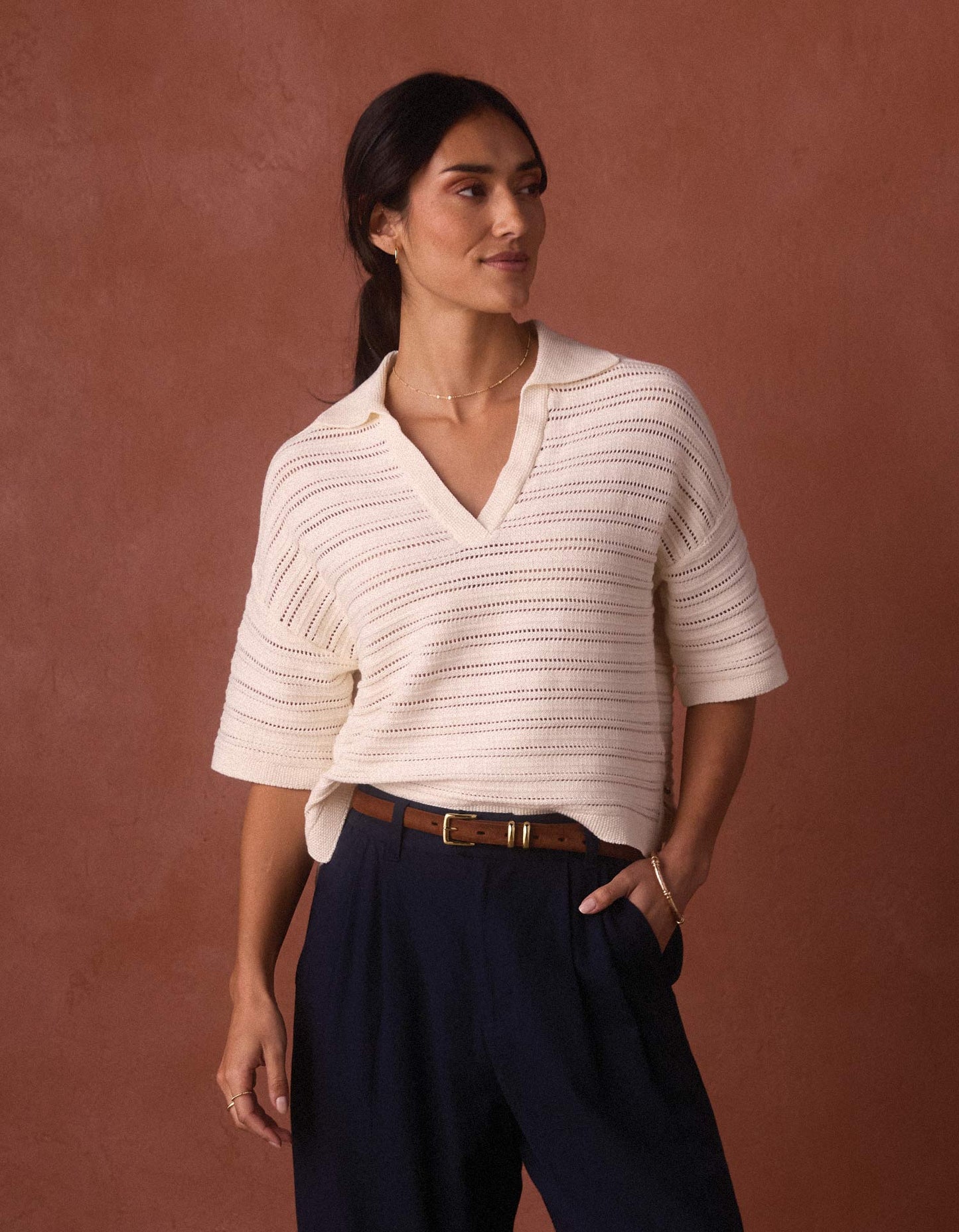 Emma Openwork Short Sleeve Polo in Cream