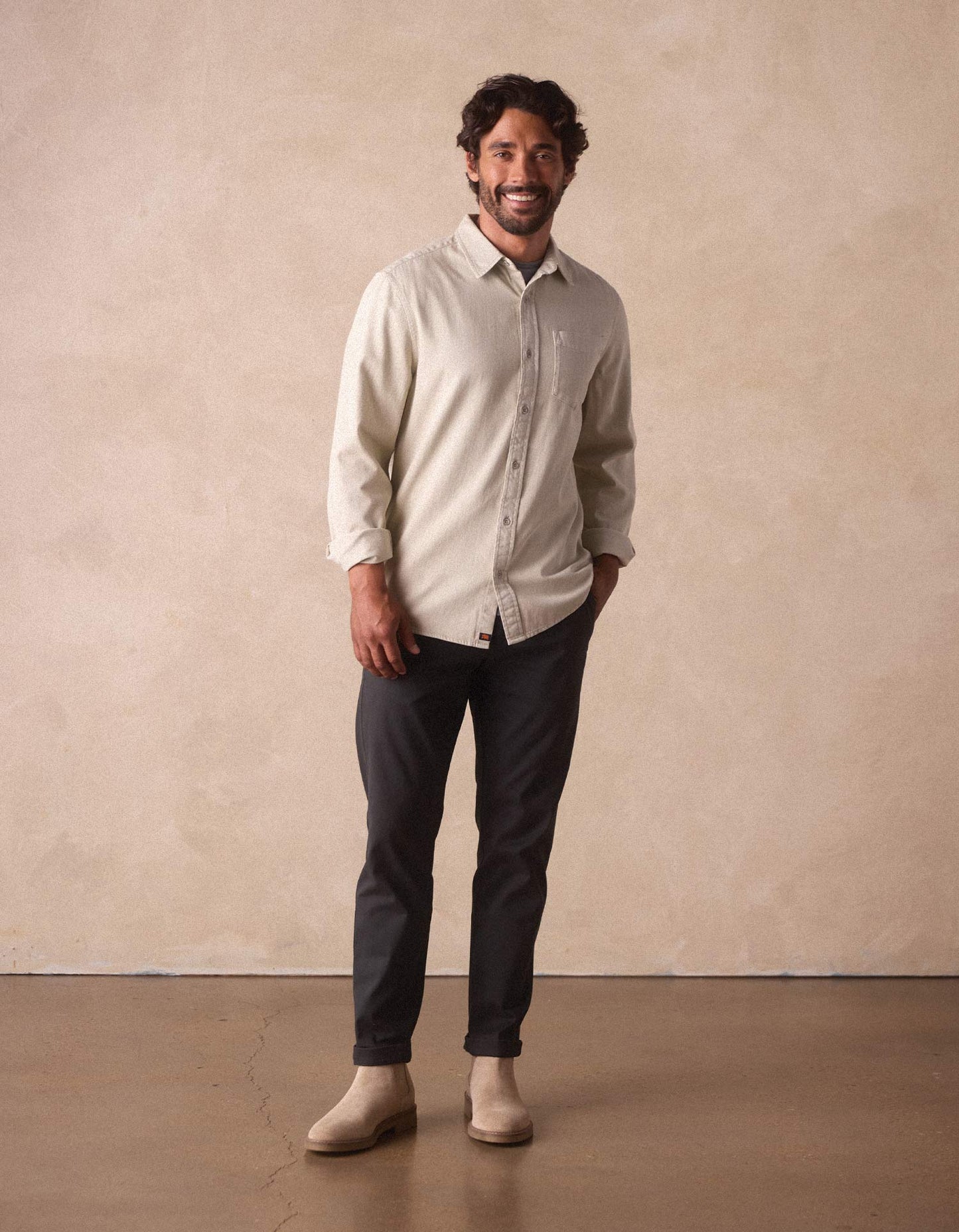Cotton Denim Long Sleeve Button Up in Silver Moss