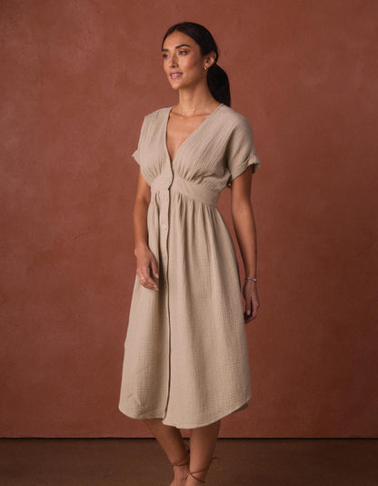 Deep V Button Thru Dress