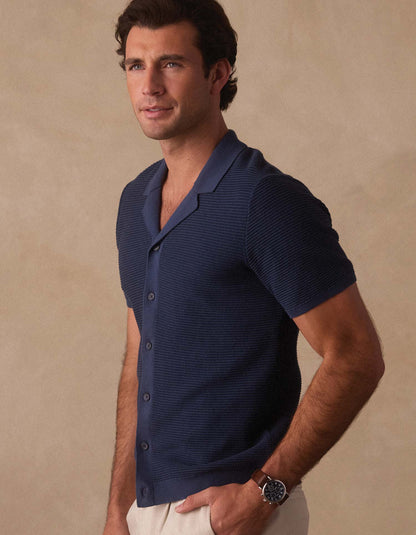 Robles Birdseye Knit Camp Button Up in Denim/Dark Navy