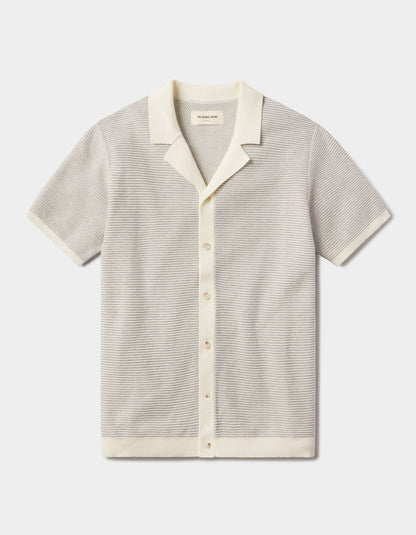 Robles Birdseye Knit Camp Button Up in Cream/Grey