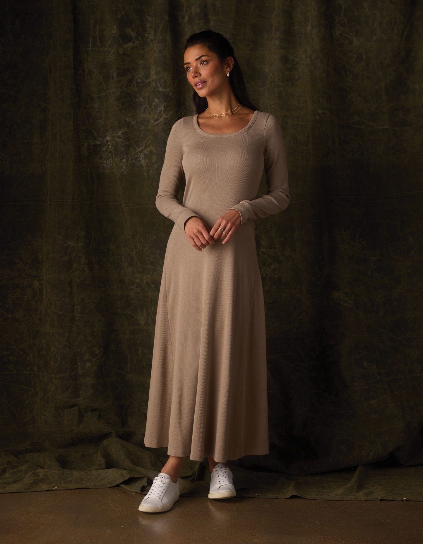 Normal Rib Long Sleeve Dress in Fawn