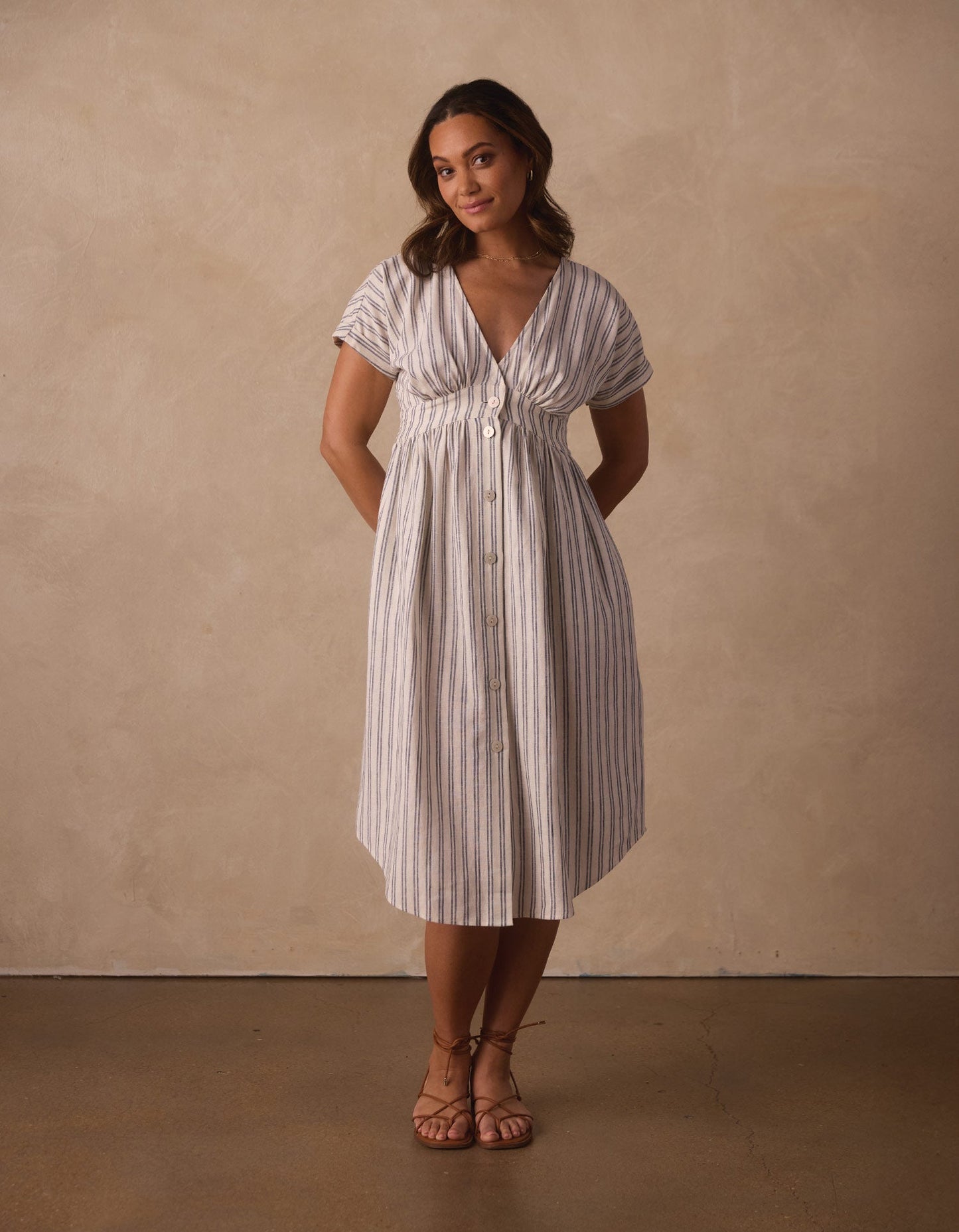 Freshwater Deep V Button Thru Dress in Vintage Blue Stripe