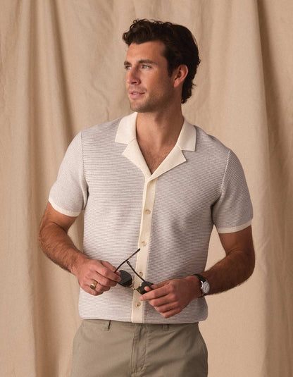 Robles Birdseye Knit Camp Button Up in Cream/Grey