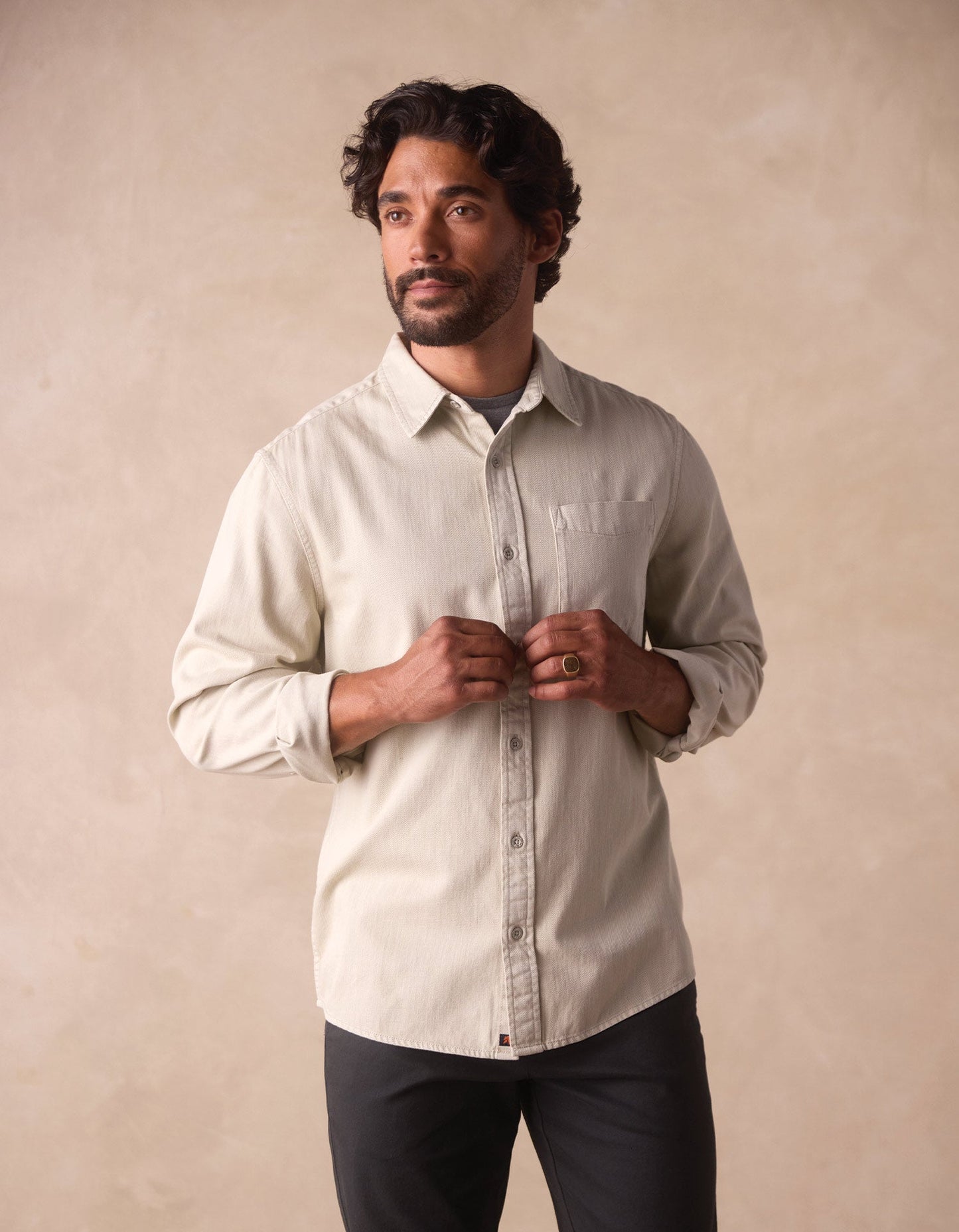 Cotton Denim Long Sleeve Button Up in Silver Moss