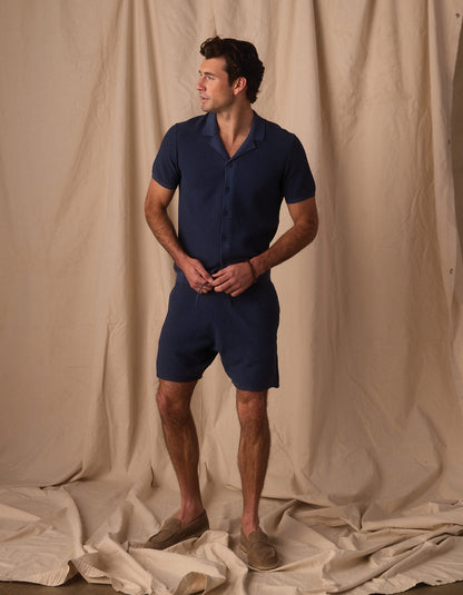 Robles Birdseye Knit Camp Button Up in Denim/Dark Navy