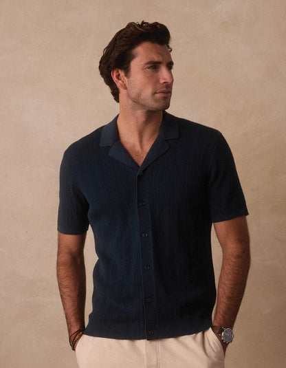 Robles Textured Knit Camp Button Up in Dark Oasis