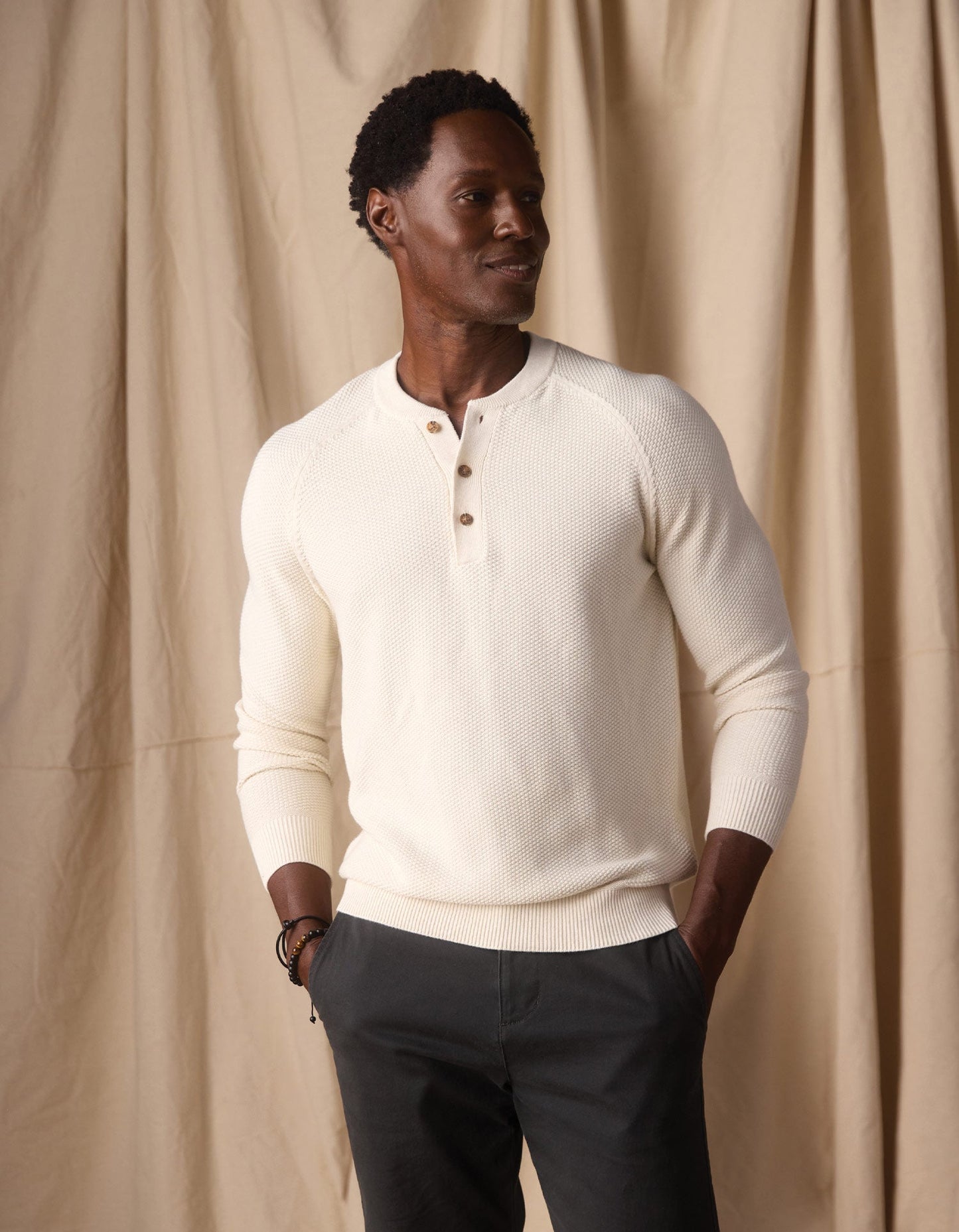COOLMAX® Textured Sweater Henley in Ivory