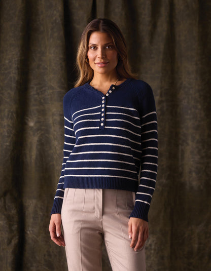 Josefine Henley Sweater in Navy/Cream Stripe