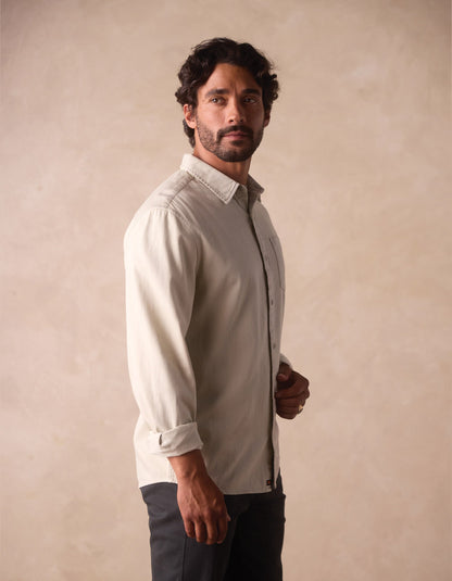 Cotton Denim Long Sleeve Button Up in Silver Moss