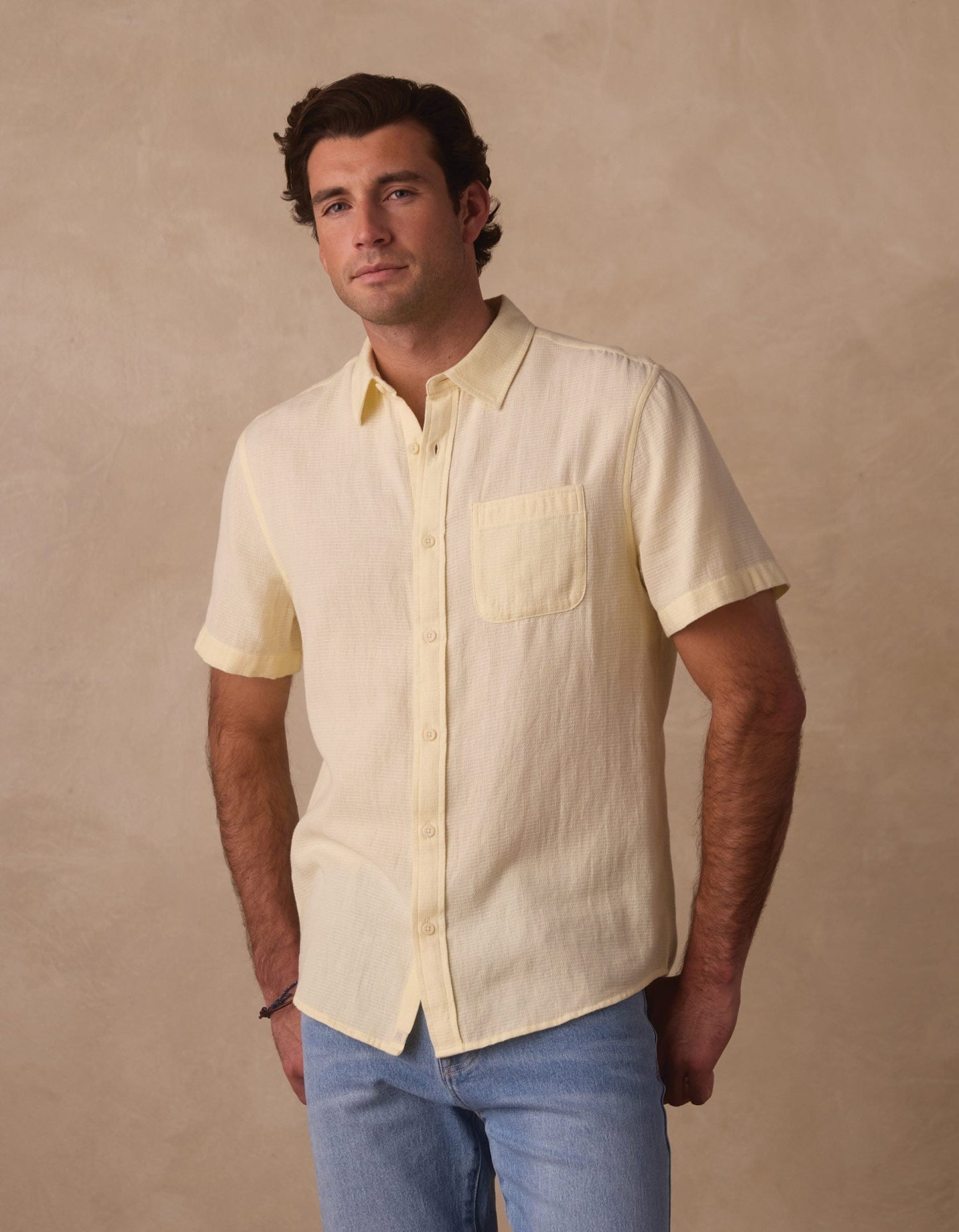 Freshwater Short Sleeve Button Up Shirt in Summer Yellow Check