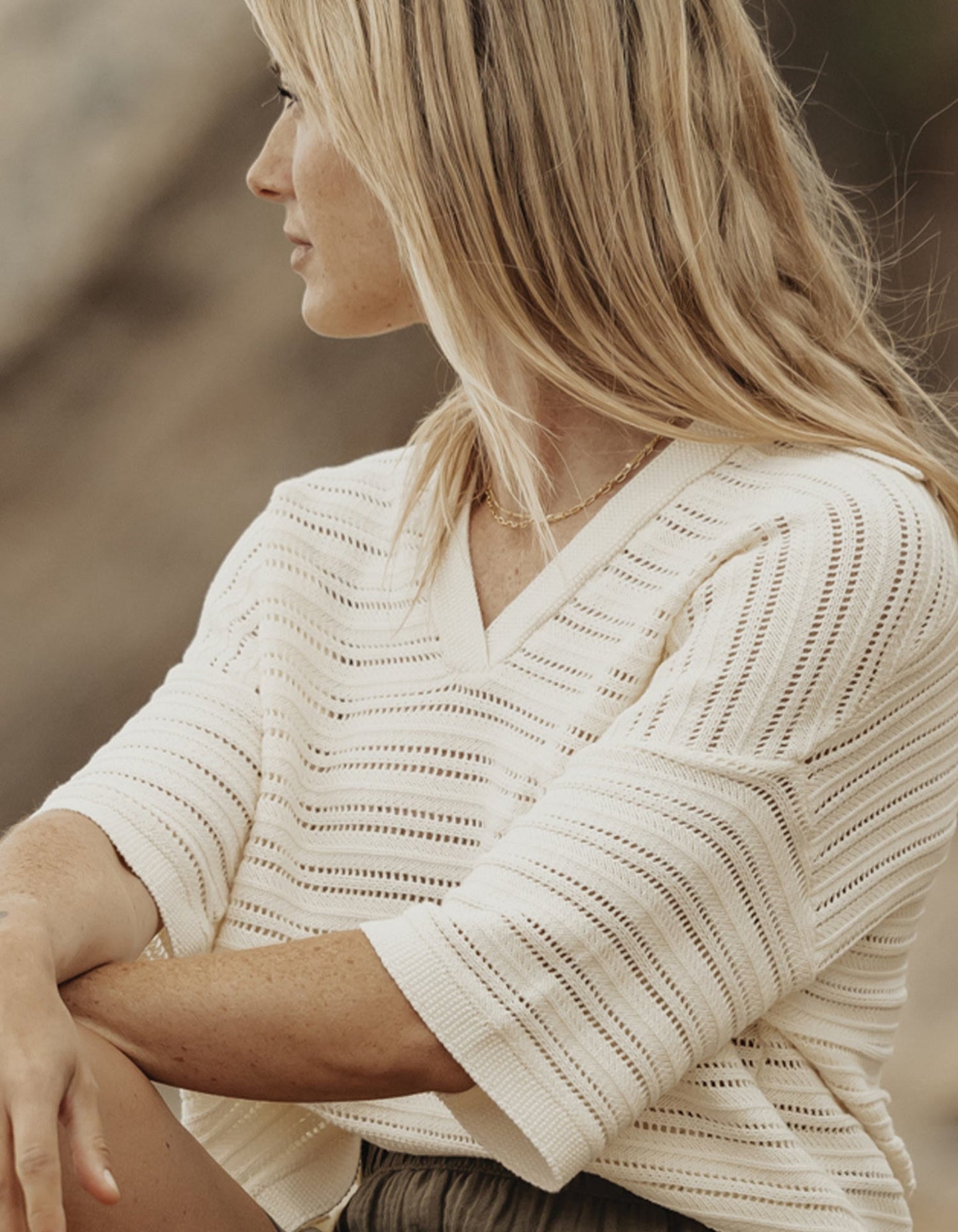 Emma Openwork Short Sleeve Polo in Cream