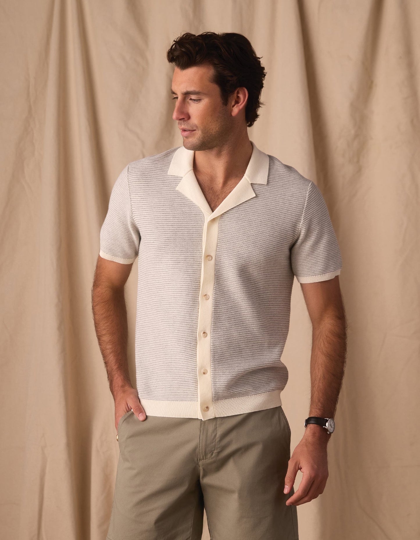 Robles Birdseye Knit Camp Button Up in Cream/Grey