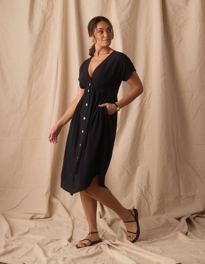 Deep V Button Thru Dress in Black
