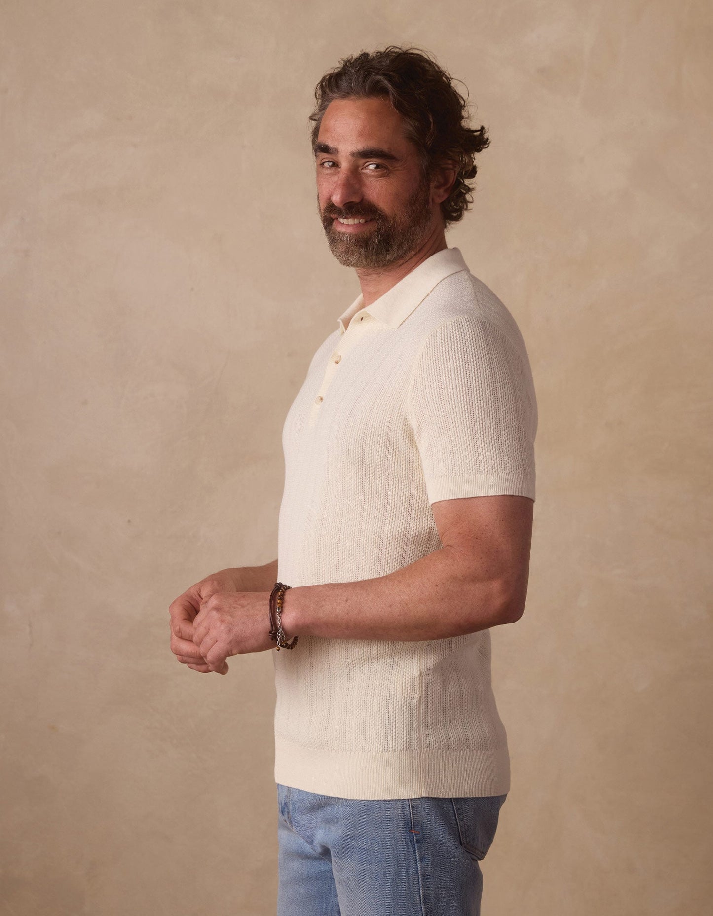 Robles Textured Knit Polo in Ivory