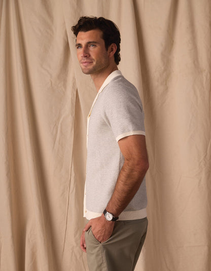 Robles Birdseye Knit Camp Button Up in Cream/Grey