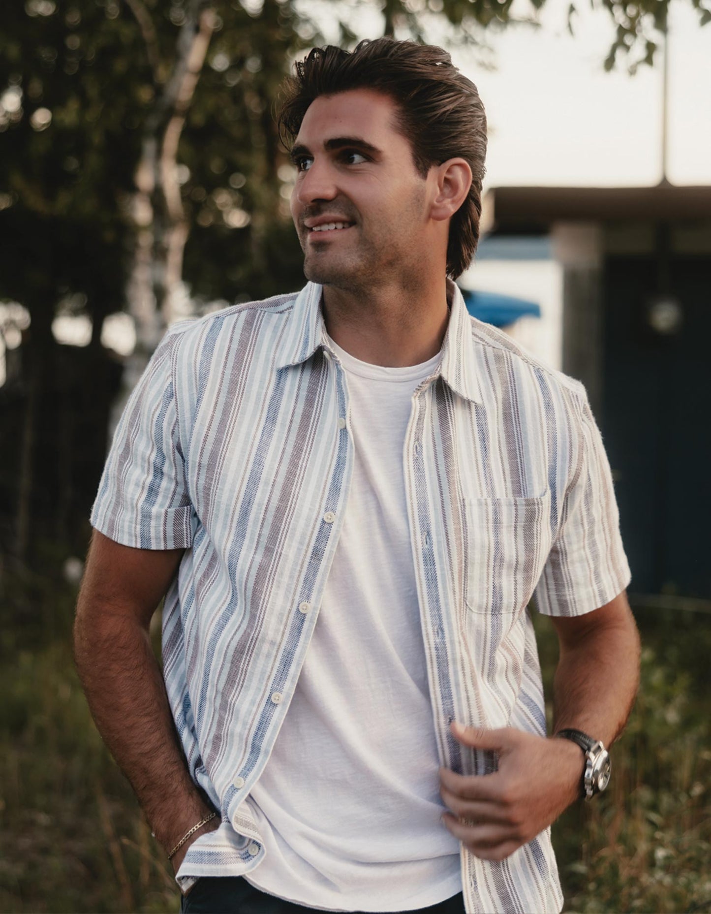 Freshwater Short Sleeve Button Up Shirt in Misty Harbor Stripe