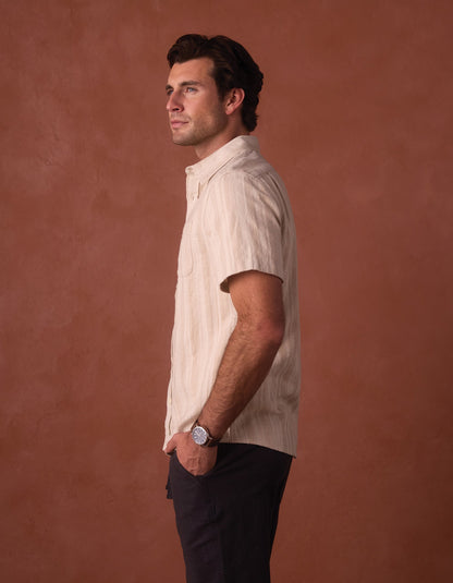 Freshwater Short Sleeve Button Up Shirt in Sandstone Stripe