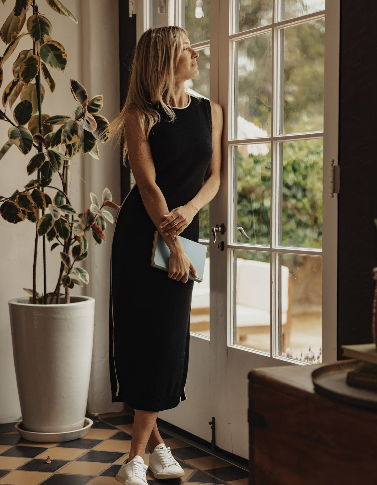 Lucia Knit Midi Dress in Black/Cream