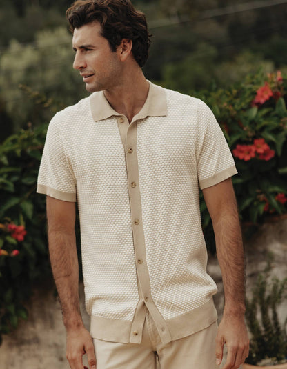 Robles Knit Jacquard Button Up in Ivory/Khaki
