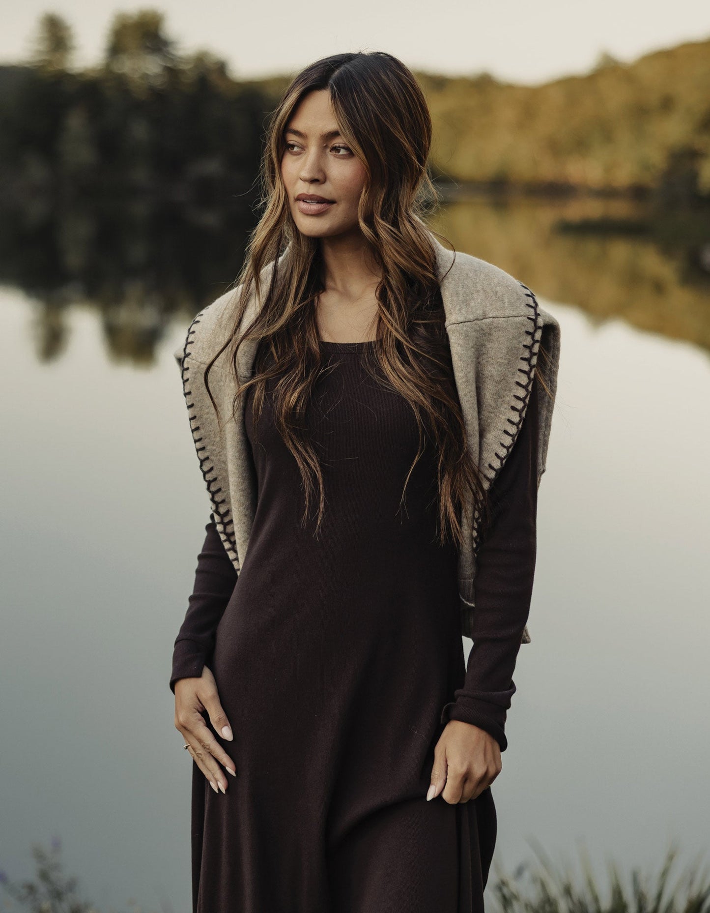 Normal Rib Long Sleeve Dress in Dark Brown