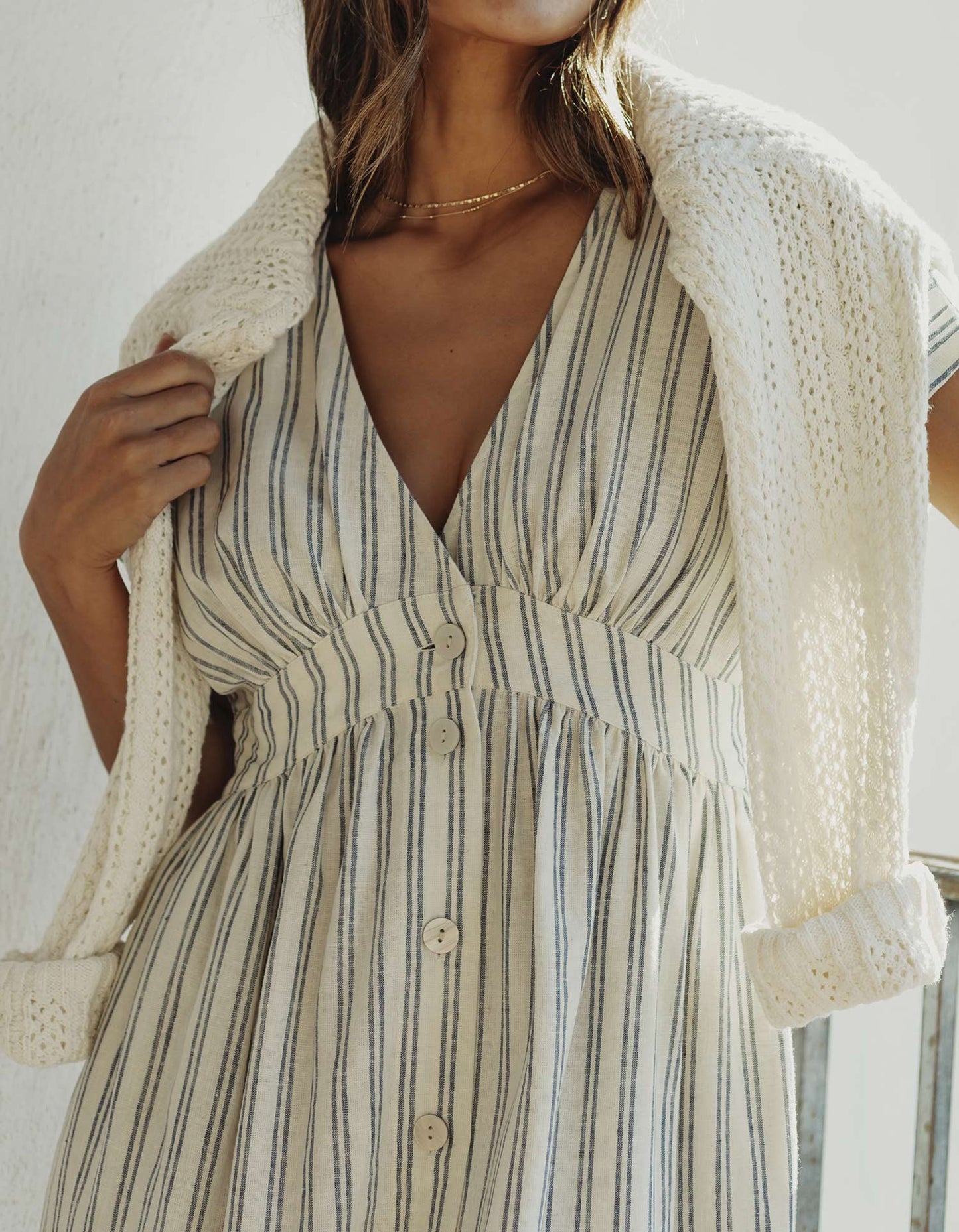 Freshwater Deep V Button Thru Dress in Vintage Blue Stripe