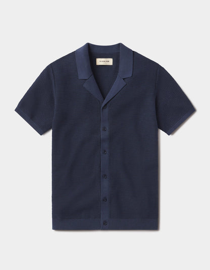 Robles Birdseye Knit Camp Button Up in Denim/Dark Navy