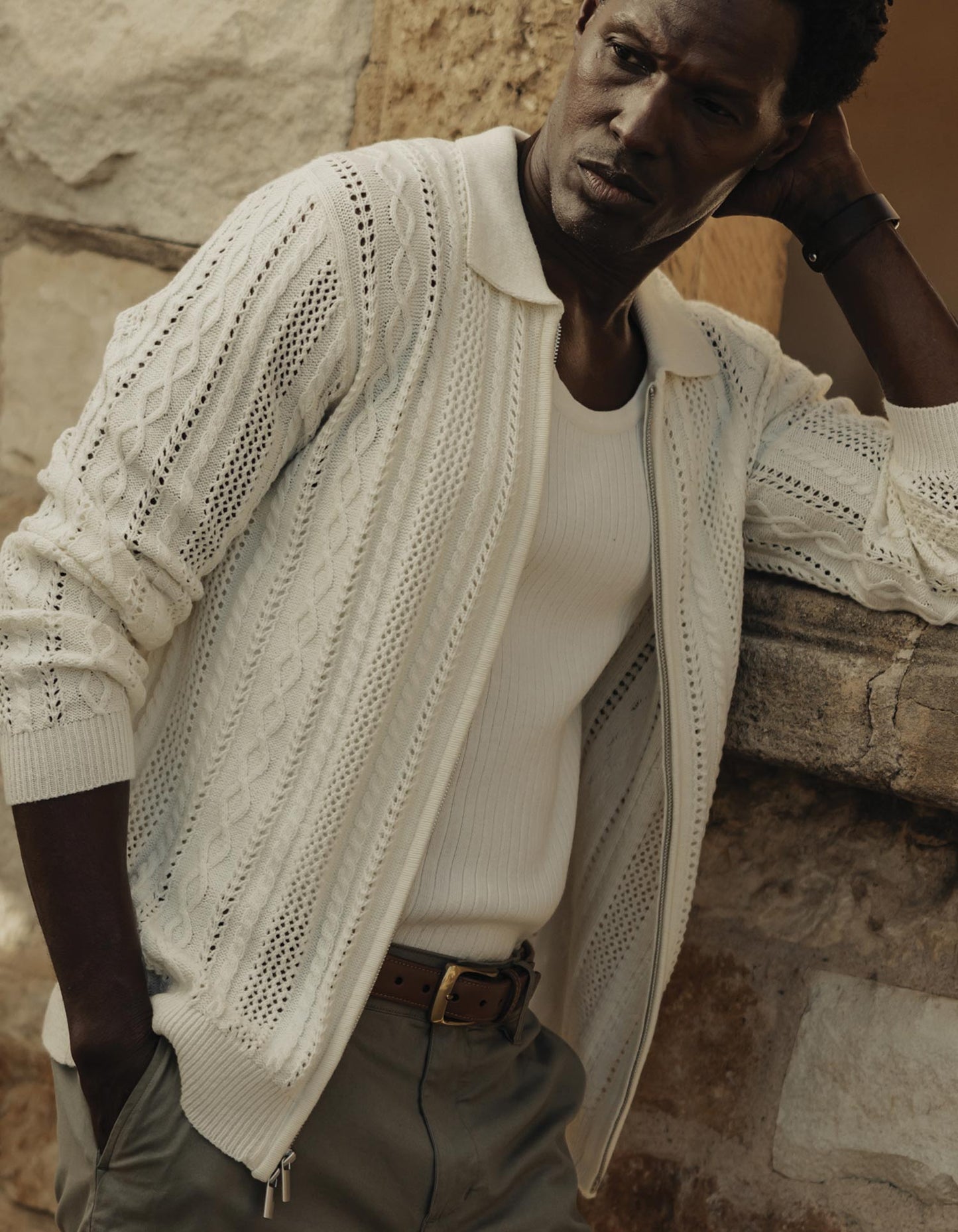 Jacquard Zip Front Cardigan in Ivory