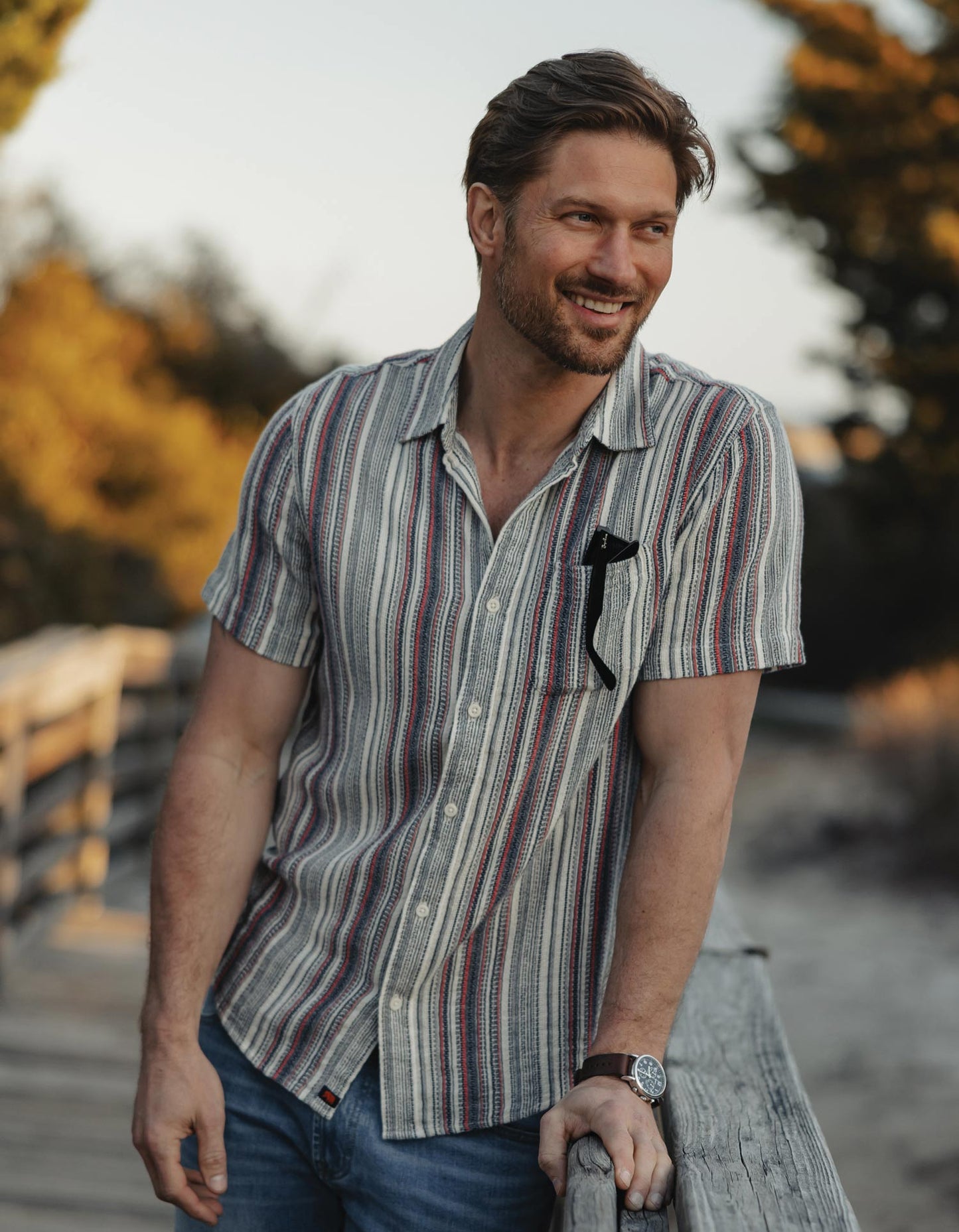 Freshwater Short Sleeve Button Up Shirt in Americana Stripe