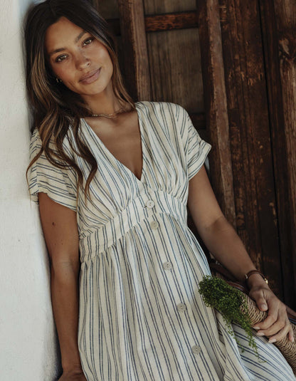 Freshwater Deep V Button Thru Dress in Vintage Blue Stripe