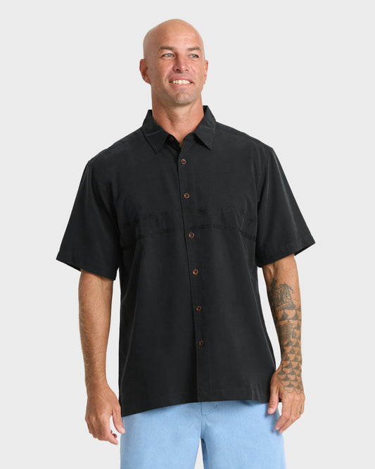 Mens Waterman Tahiti Palms Comfort Fit Short Sleeve Woven Shirt - Black