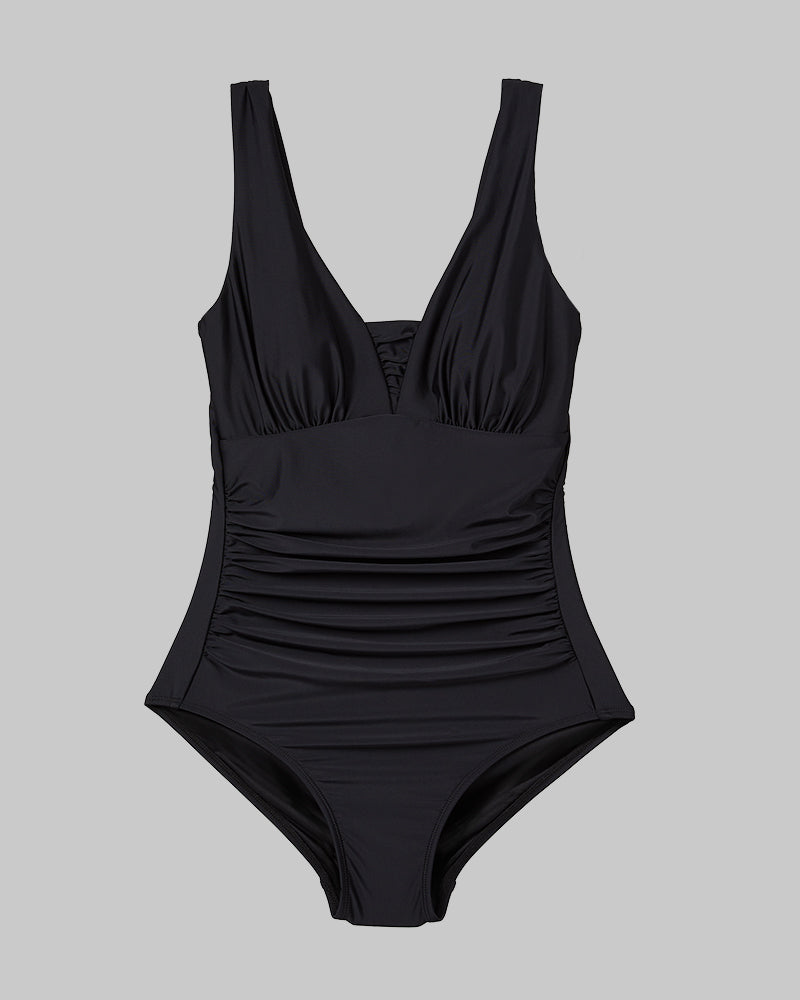 WOMEN'S RUCHED PLUNGE ONE PIECE SWIMSUIT
