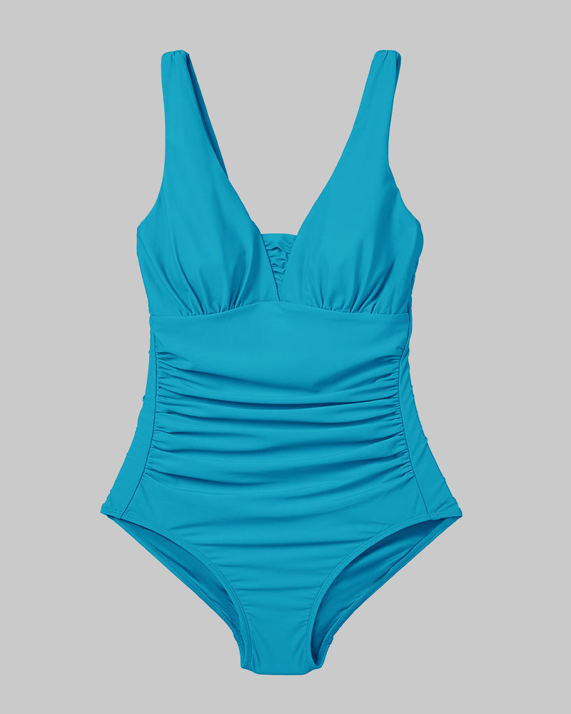 WOMEN'S RUCHED PLUNGE ONE PIECE SWIMSUIT