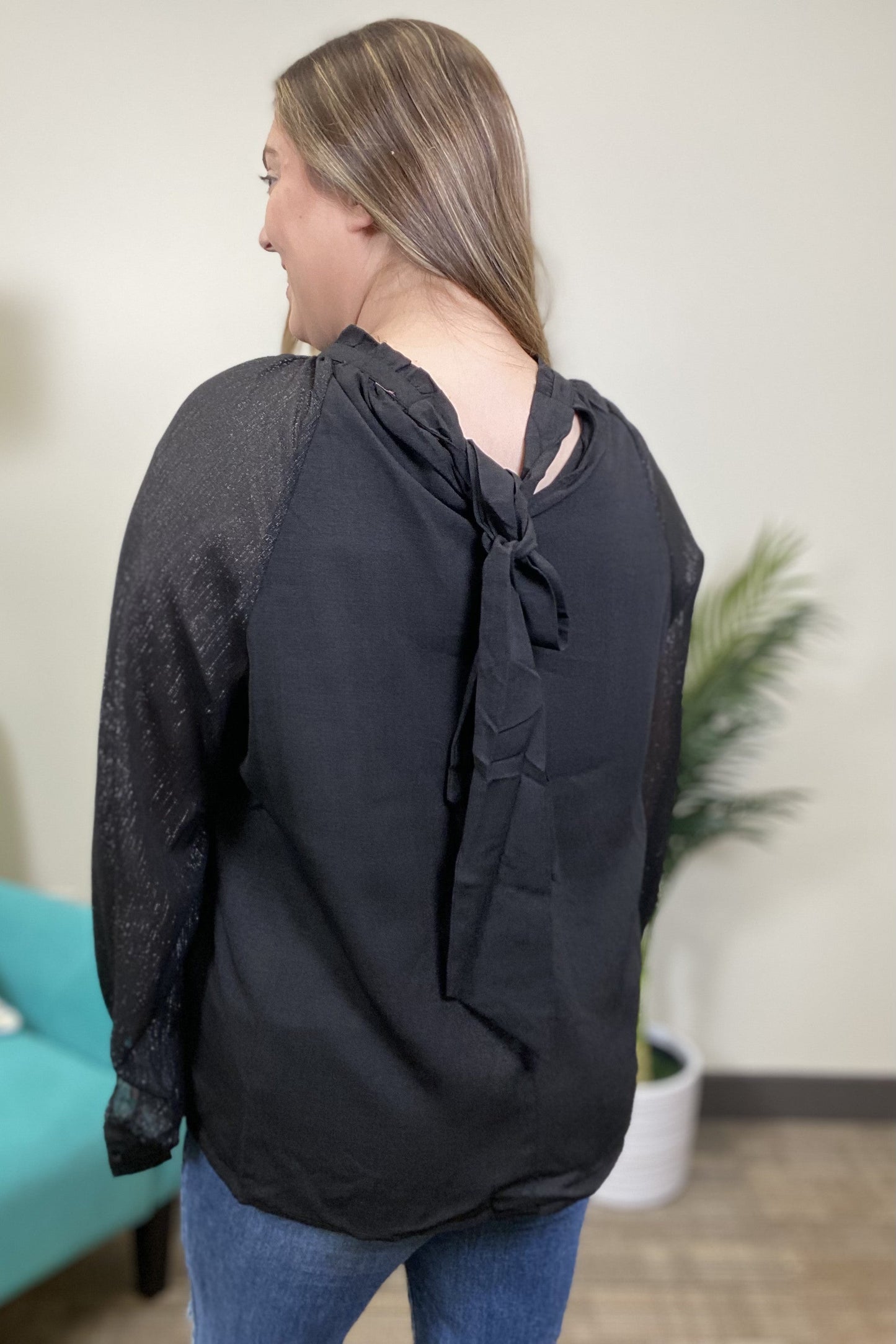 Sheer Elegance Mock Neck Shimmer Long Sleeve Top