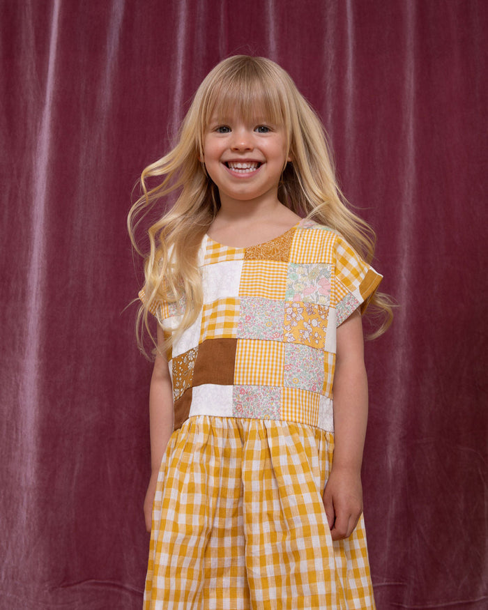 Pretty Wild Kids Maggie Patch Dress Yellow Check Linen