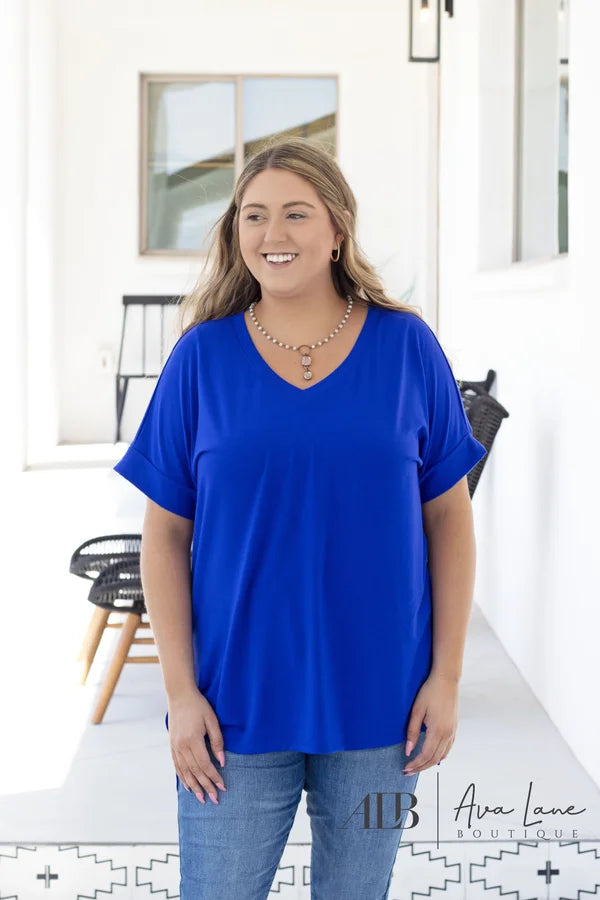 It's All Going On Women's Hi-Lo Rolled Short Sleeve Top