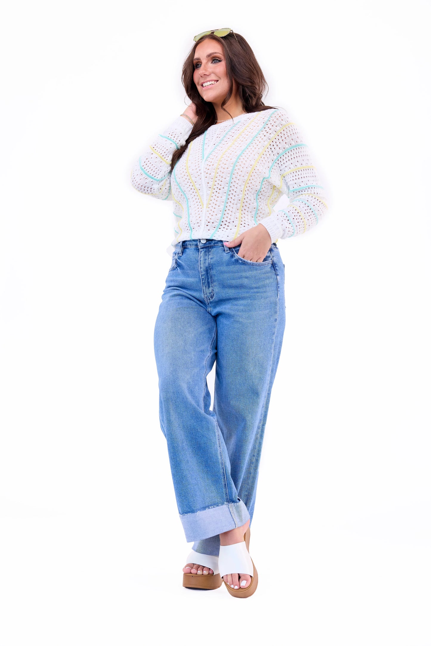 Women's Crochet Striped Open Knit Sweater